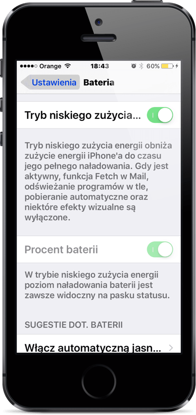 włączanie trybu niskiego zużycia energii w iOS 9 krok 4