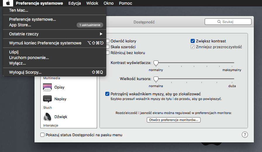 przezroczystość oraz zwiększyć kontrast na OS X instrukcja