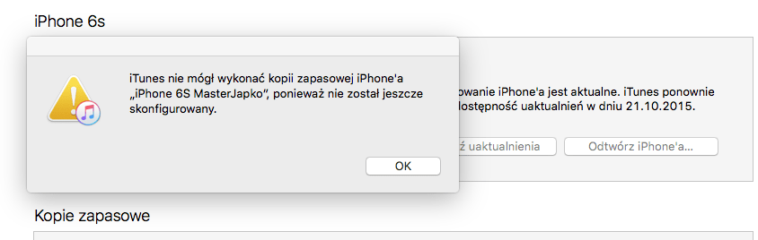 Błąd iTunes „iTunes nie mógł wykonać kopii zapasowej iPhone’a „iPhone”, ponieważ nie został jeszcze skonfigurowany.”