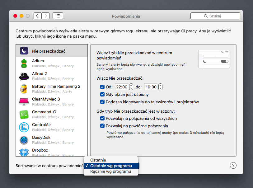 sortowanie powiadomienia według programów na OS X krok 4