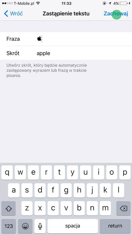 Jak skonfigurować logo apple jako skrót klawiaturowy naszego iPhone lub iPada?