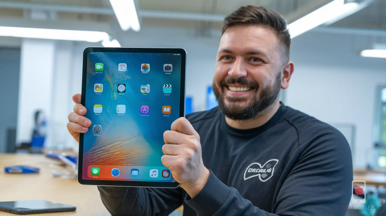 Zadowolony klient odbierający iPada po wymianie zbitej szybki w serwisie APPLEMOBILE.PL