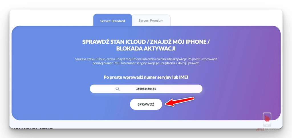 tu wpisujemy numer IMEI do sprawdzenia czy iphone nie ma blokady icloud