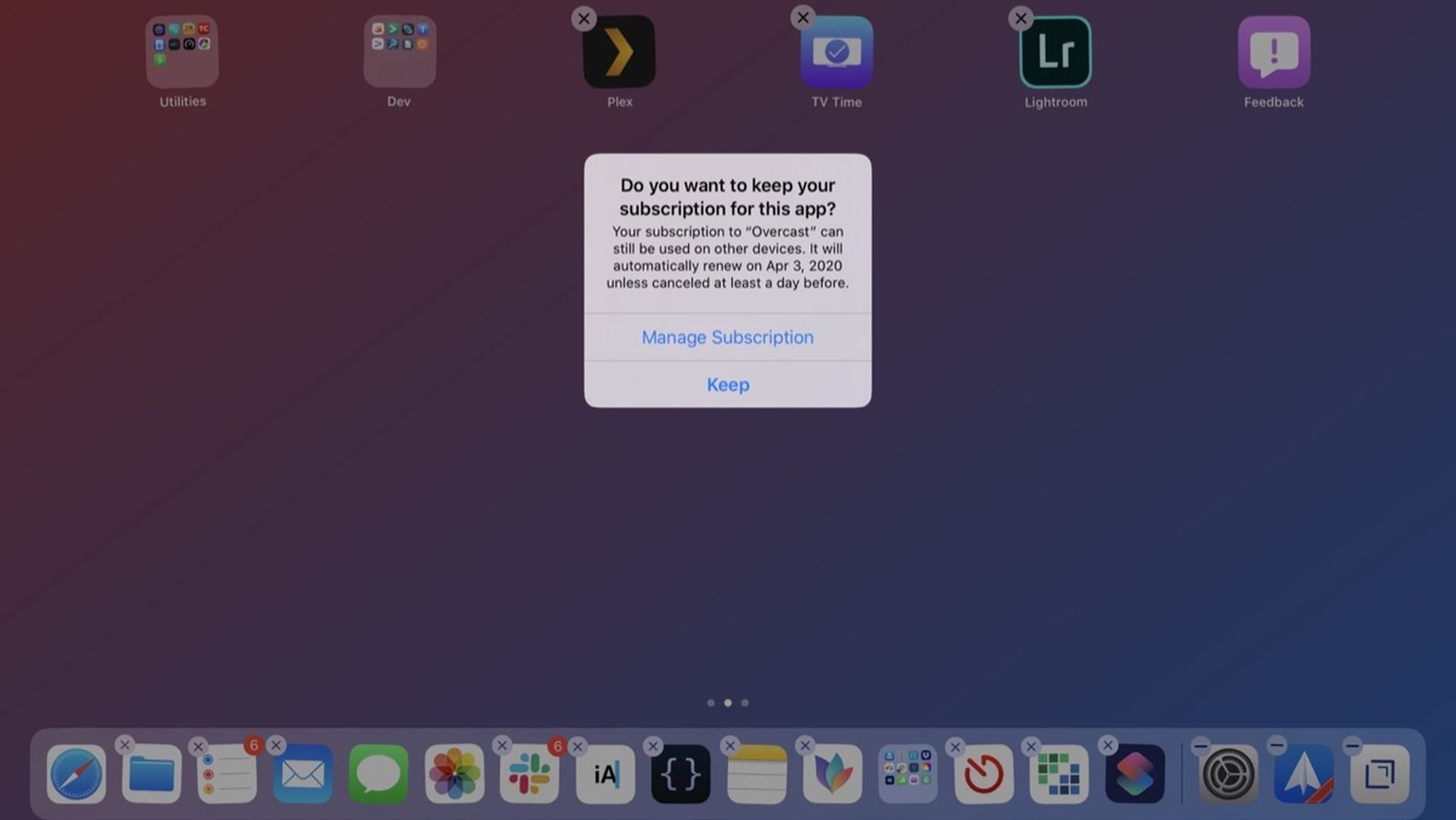 Ostrzeżenie podczas usuwania aplikacji z aktywną subskrypcją w iOS 13