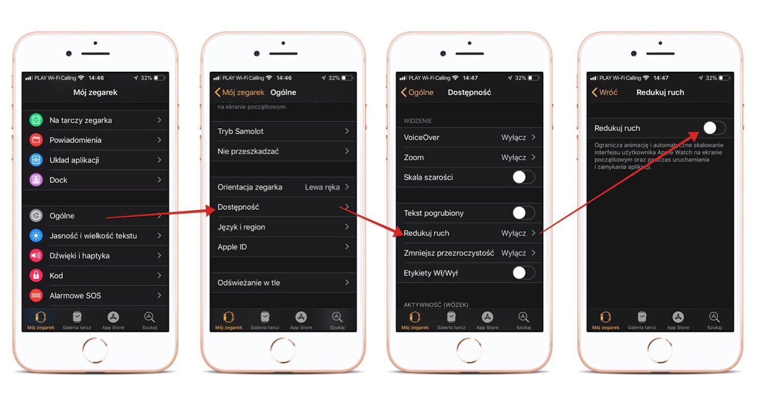 wyłączyć animacje z poziomu aplikacji Watch na iPhone