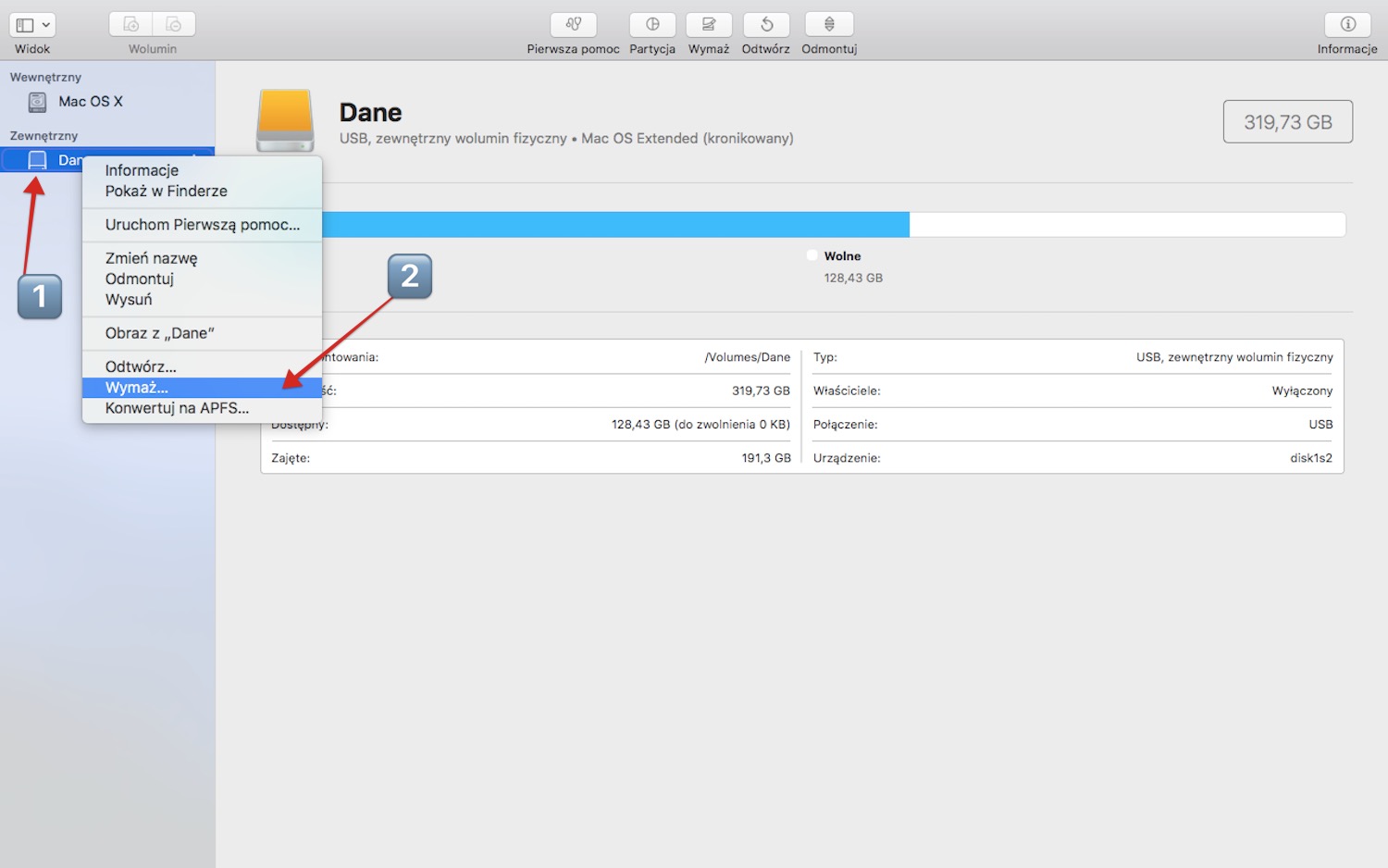 Przygotowywanie bezpiecznego zewnętrznego dysku twardego w macOS, krok 2