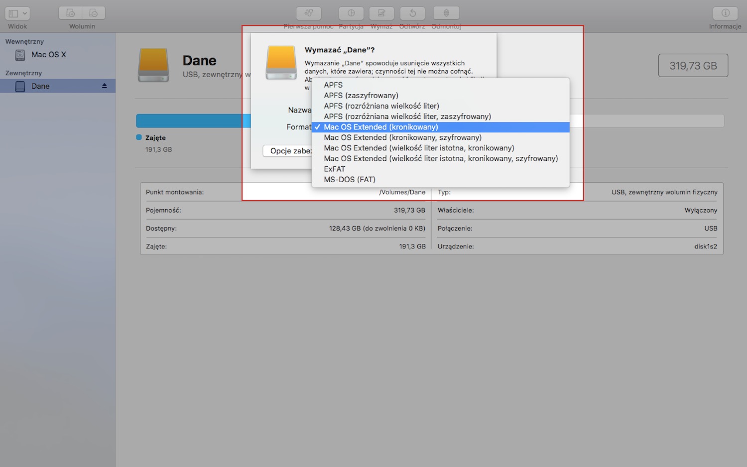 Przygotowywanie bezpiecznego zewnętrznego dysku twardego w macOS, krok 3