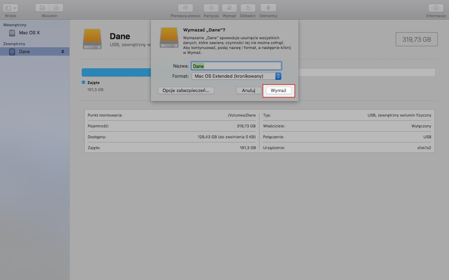 Przygotowywanie bezpiecznego zewnętrznego dysku twardego w macOS, krok 4