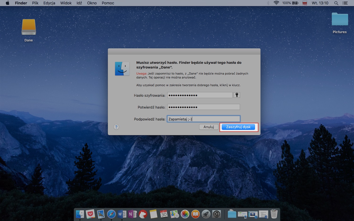 Przygotowywanie bezpiecznego zewnętrznego dysku twardego w macOS, krok 8