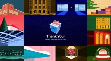 Grafiki salonów firmy Apple podczas akcji 12 Days of Apple Stores