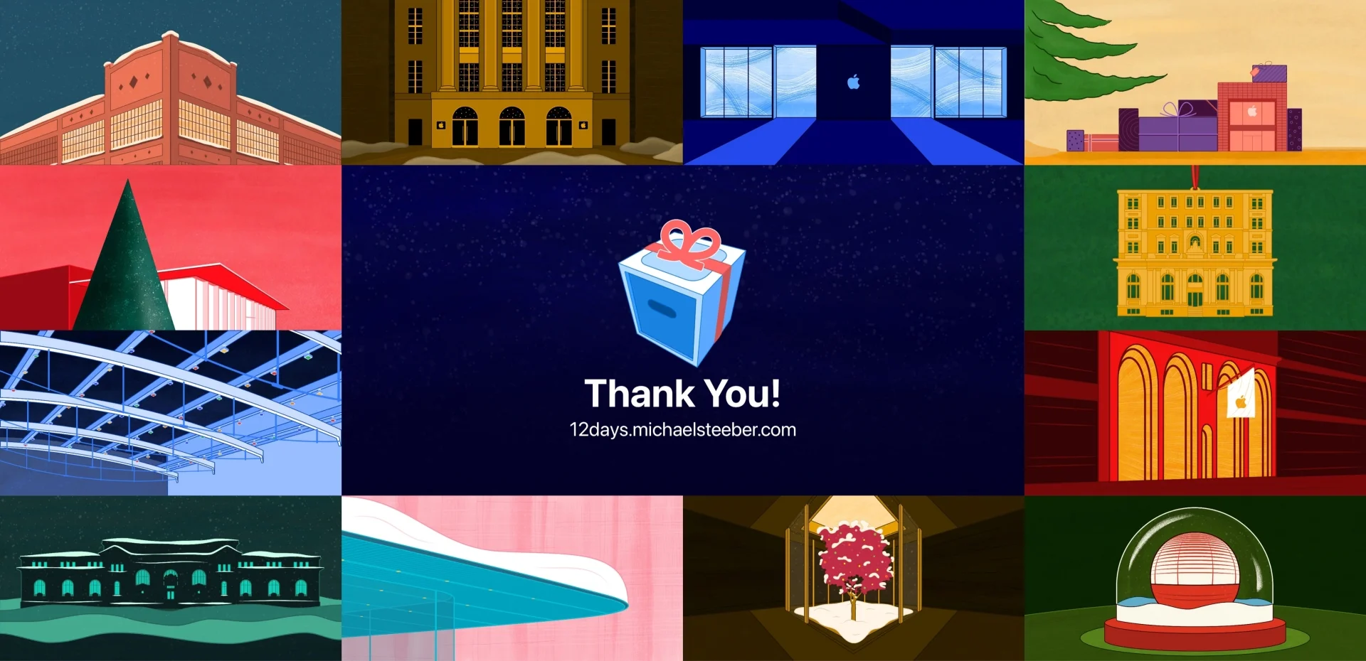 Grafiki salonów firmy Apple podczas akcji 12 Days of Apple Stores