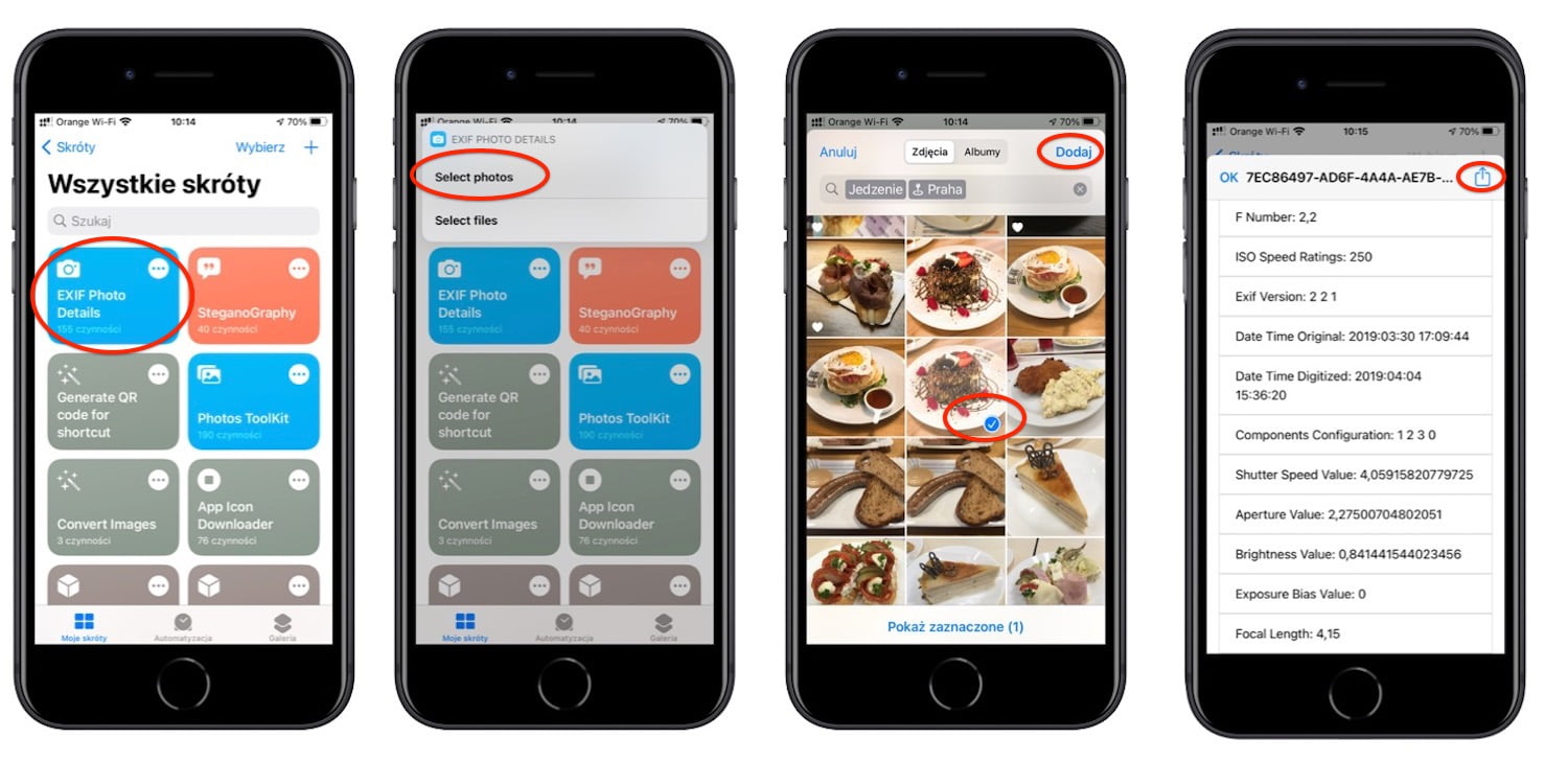 Uruchom skrót Exif Photo Details w aplikacji Skróty