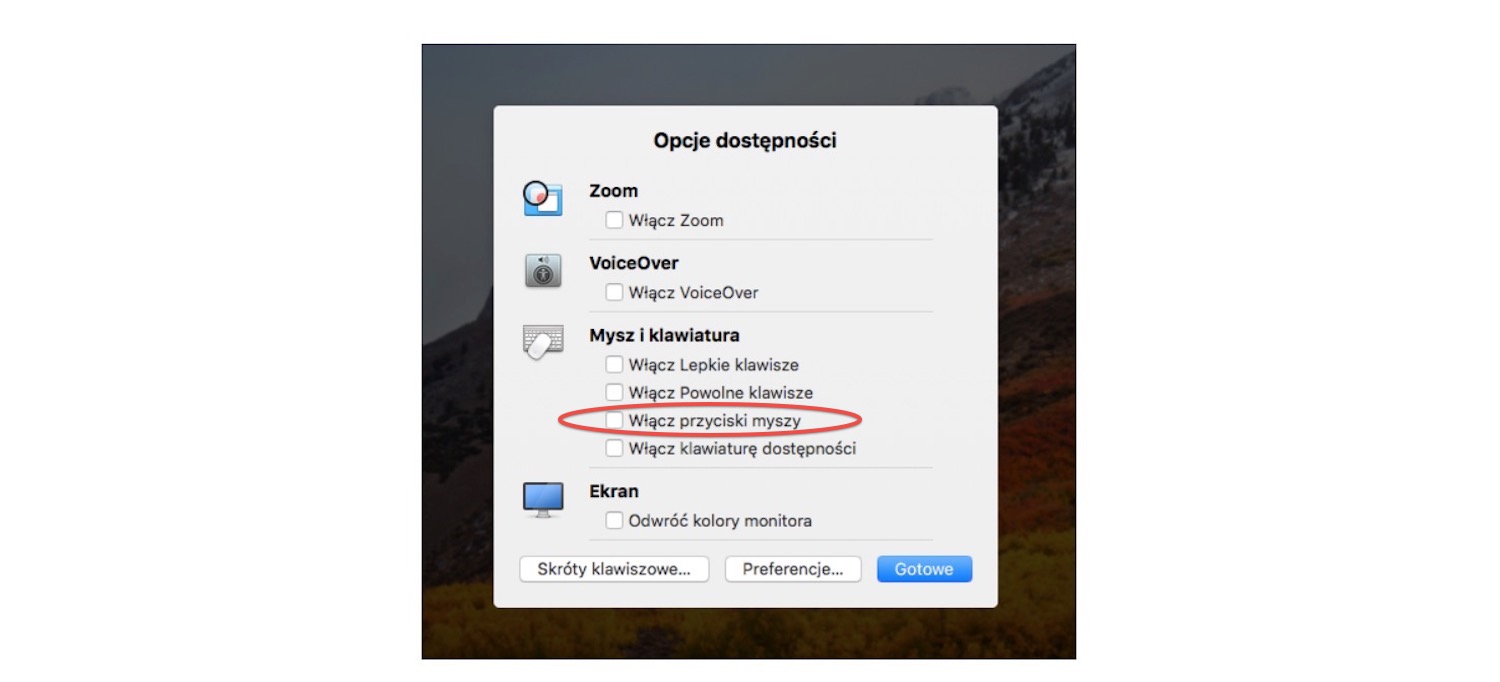 włącz przyciski myszy na Mac