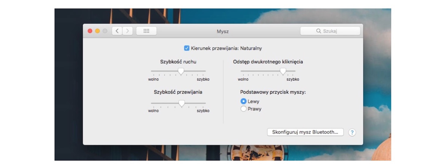 preferencje myszy komputera Mac