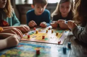Candid group of children playing a board game, evoking nostalgia