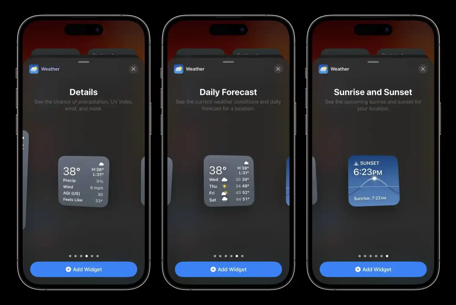 3 nowe widżety Apple Weather z systemem iOS 17.2