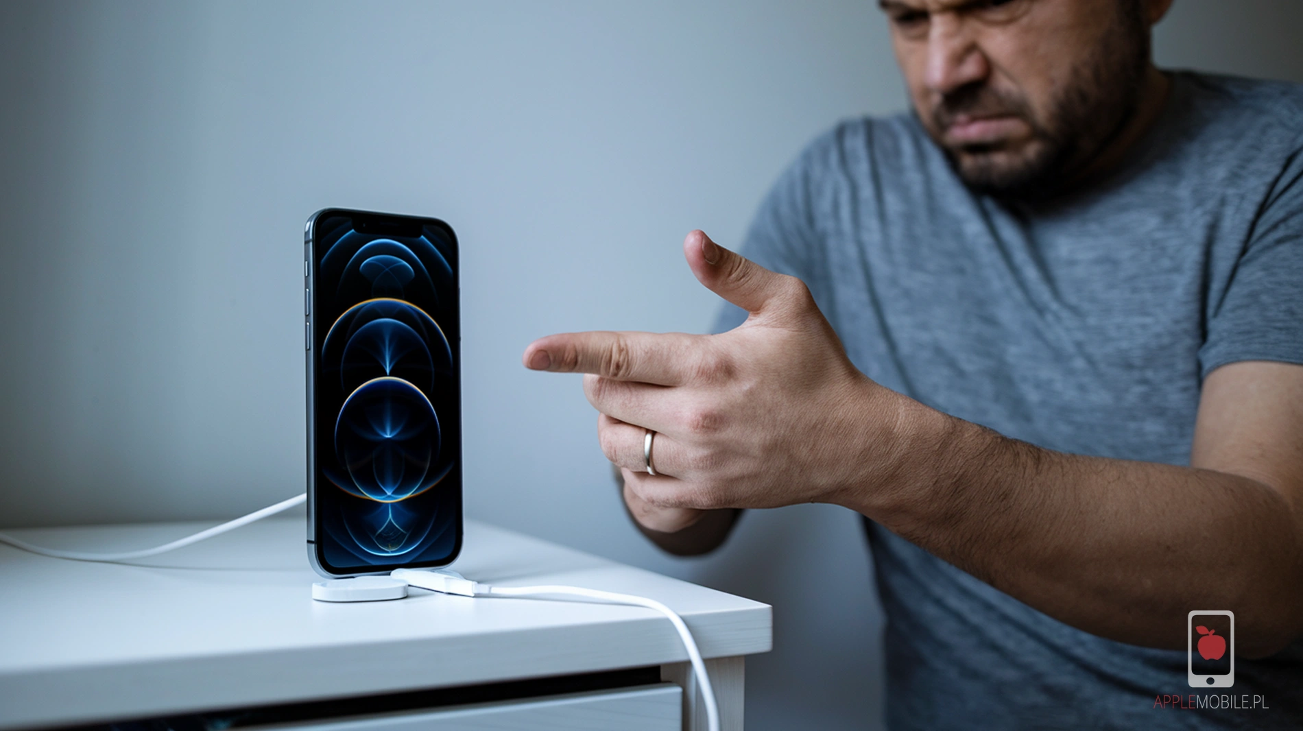 męższczyzna z niezadowoloną miną bo iPhone 14 spowolnił przez zużytą baterię
