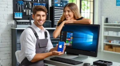 DALL·E 2024-04-22 11.34.42 – A modern tech repair shop scene where a PC with Windows OS is transferring data to a smartphone with a generic apple logo on the case. A confident mal