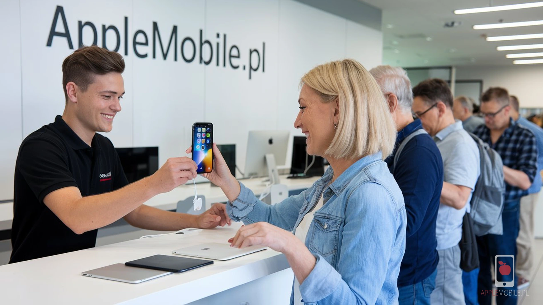 w siedzibie serwisu APPLEMOBILE.PL w Szczecinie zadowolona kobieta odbiera swoj telefon po wymianie baterii iPhone 14 na miejscu