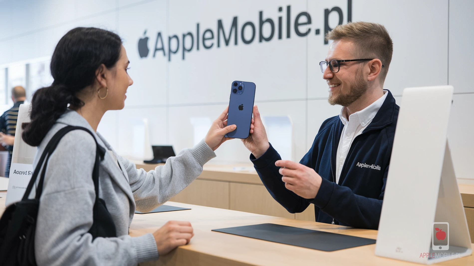 kobieta znajduje się w siedzibie serwisu APPLEMOBILE.PL w Szczecinie i przekazuje pracownikowi swój telefon iPhone 13 Pro na wymianę baterii.