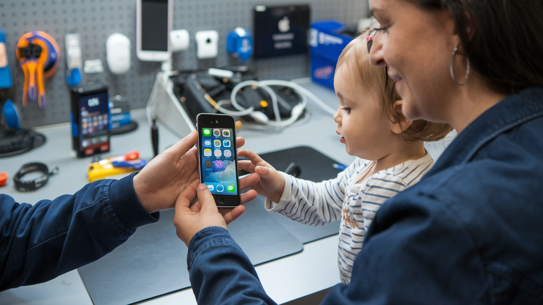 serwisant punktu naprawy APPLEMOBILE zwraca klientce z dzieckiem jej telefon iPhone SE 2 po profesjonalnie wykonanej wymianie baterii na nową