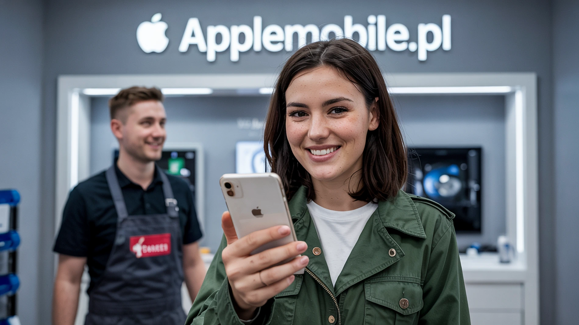 kobieta skorzystała z oferty na wymianę baterii iPhone i zadowolona wraca do swoich spraw