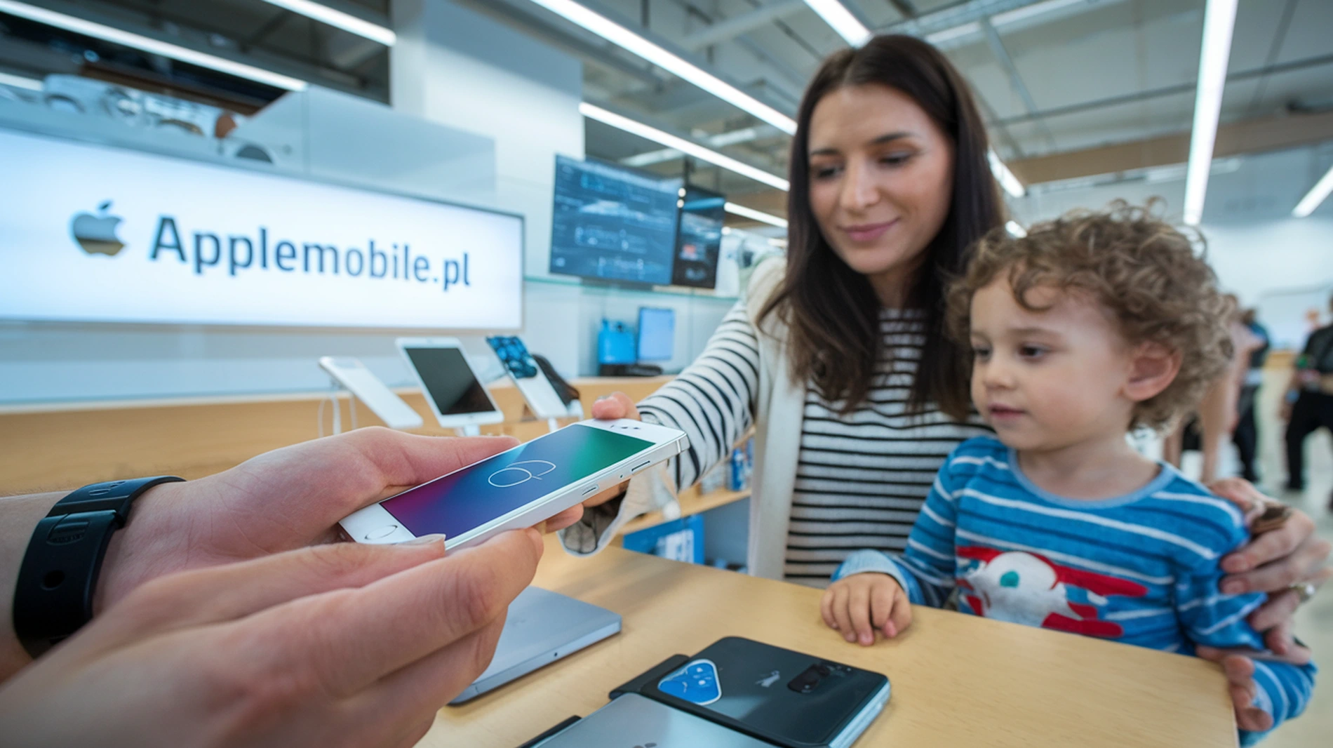 kobieta z dzieckiem w siedzibie serwisu APPLEMOBILE.PL oddaje do wymiany baterii swój telefon iPhone SE 2