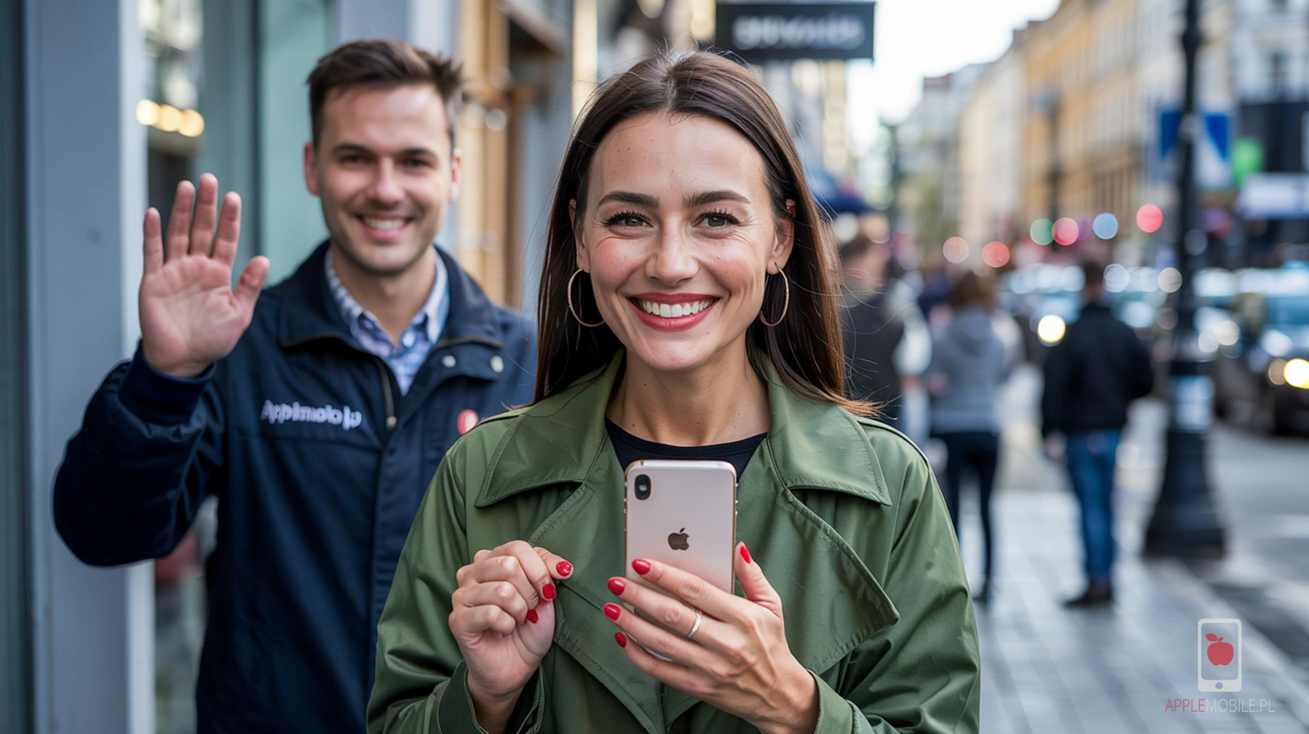 pracownik serwisu żegna zadowoloną klientkę z naprawy teleofnu iPhone 14 Plus