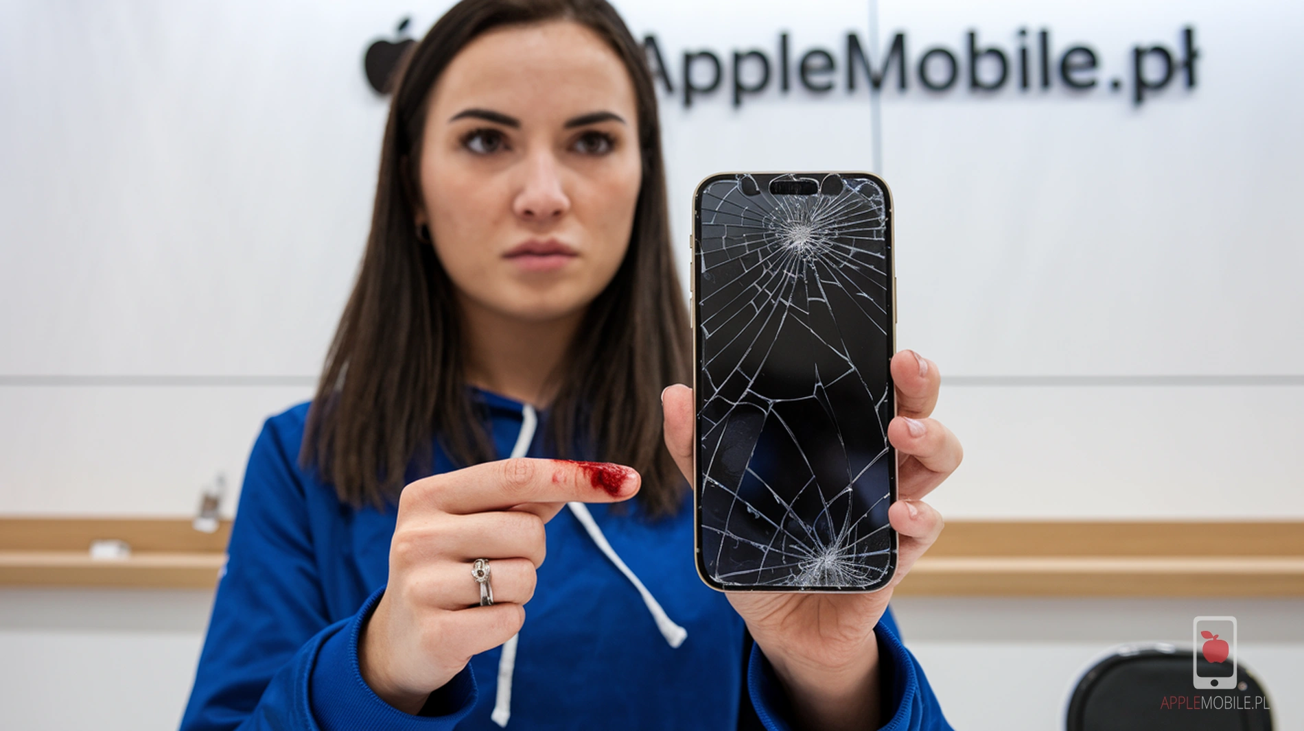 kobieta wskazuje zbitą szybkę w swoim telefonie iPhone 14 Plus i pyta jak o nią zadbać