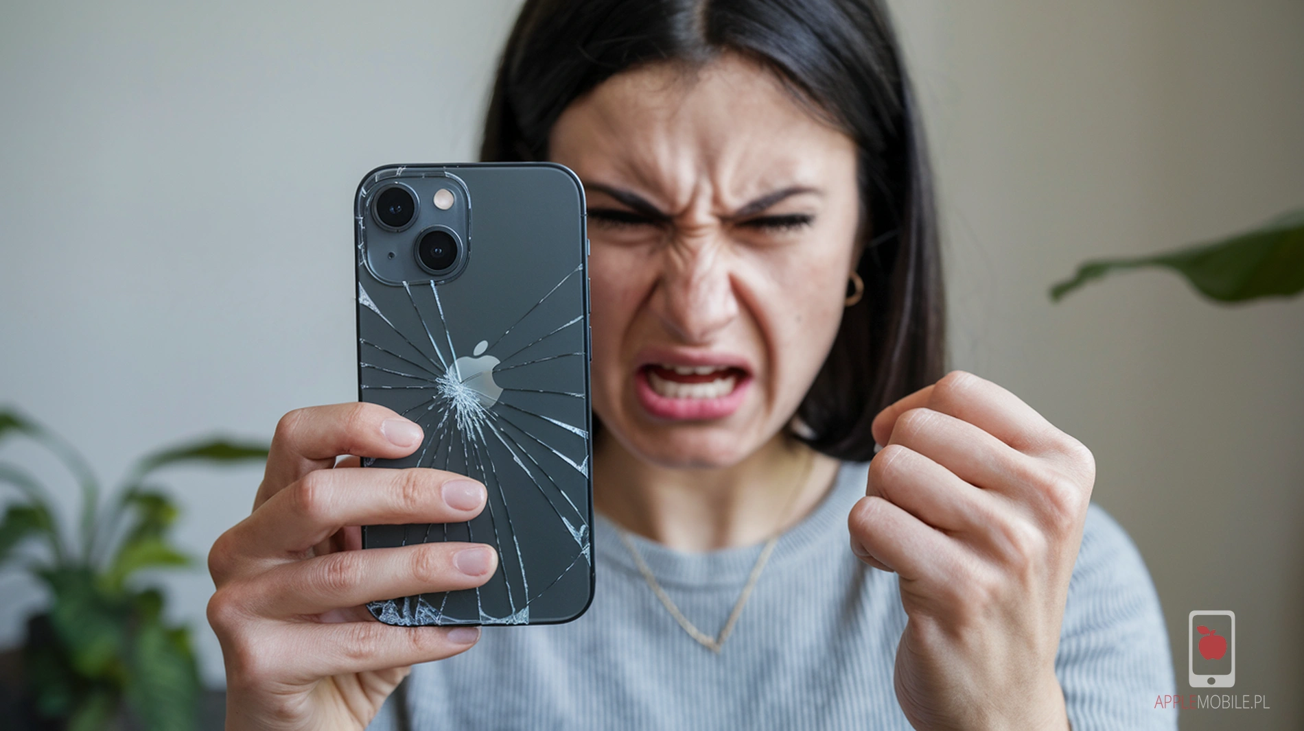 uszkodzenie tylnej szybki iPhone 13 Mini wywołało złość na twarzy kobiety