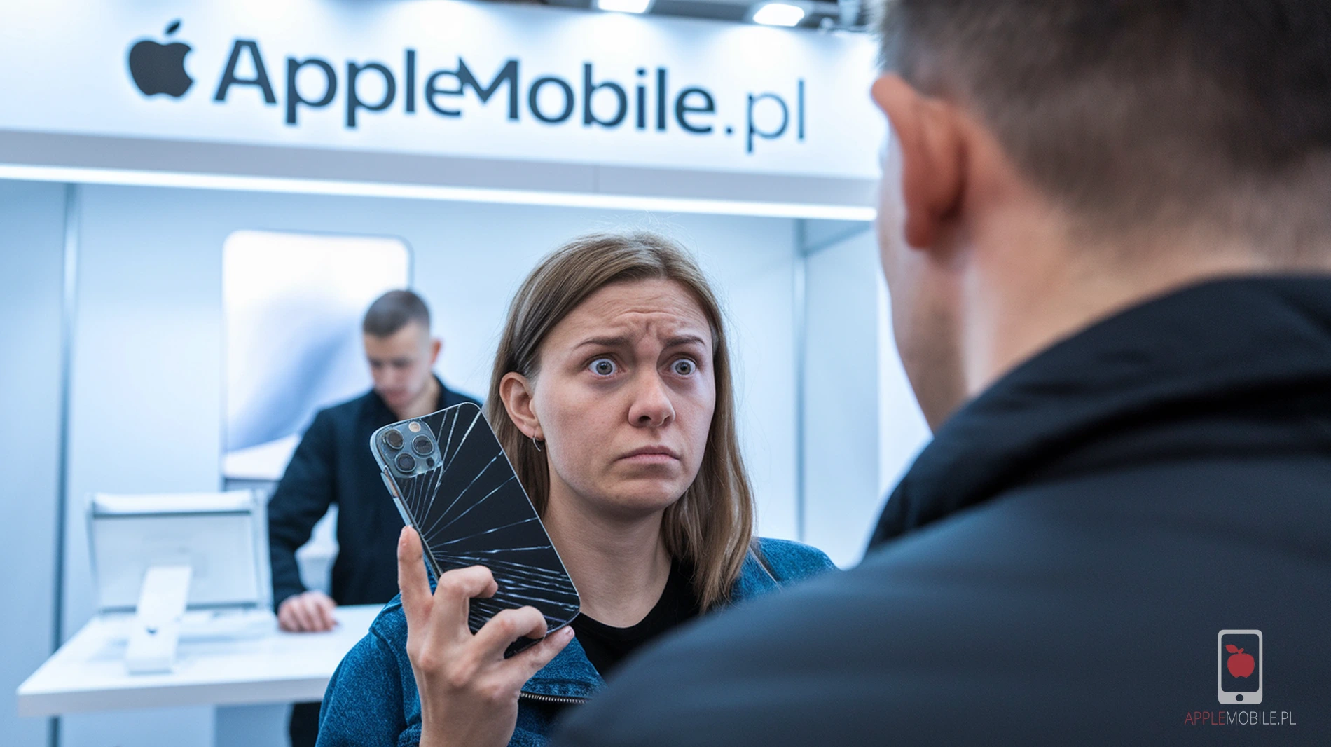 zdenerwowana kobieta w serwisie z powowdu zablokowanego telefonu przez źle wpisany kod po zbiciu szybki ekranu