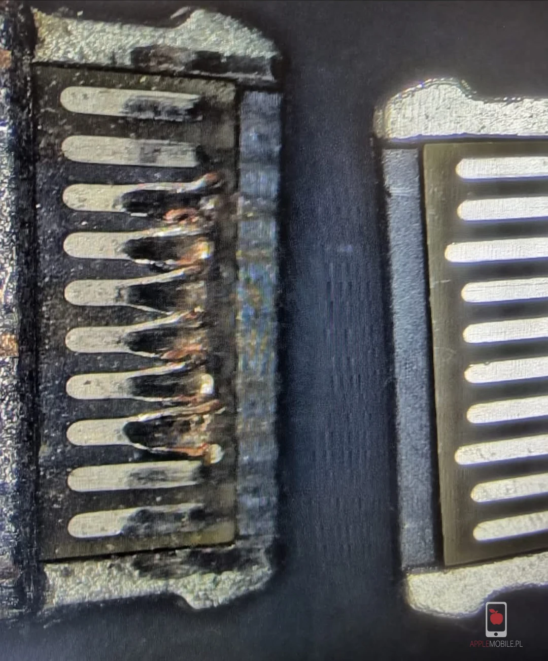 Uszkodzone gniazdo USB-C iPada z wyślizganymi pinami vs sprawne gniazdo