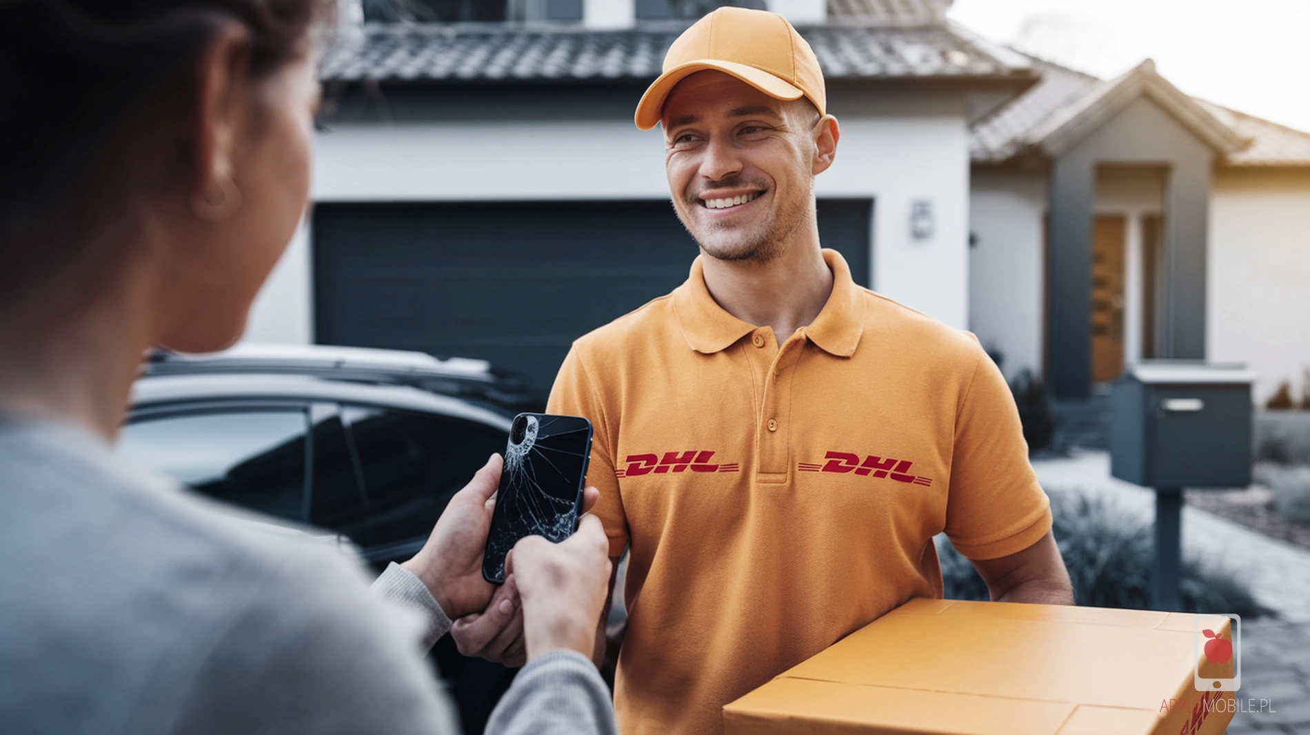 kurier odbiera uszkodzony telefon iphone 16 pro by dostarczyć go do naprawy w serwisie applemobile