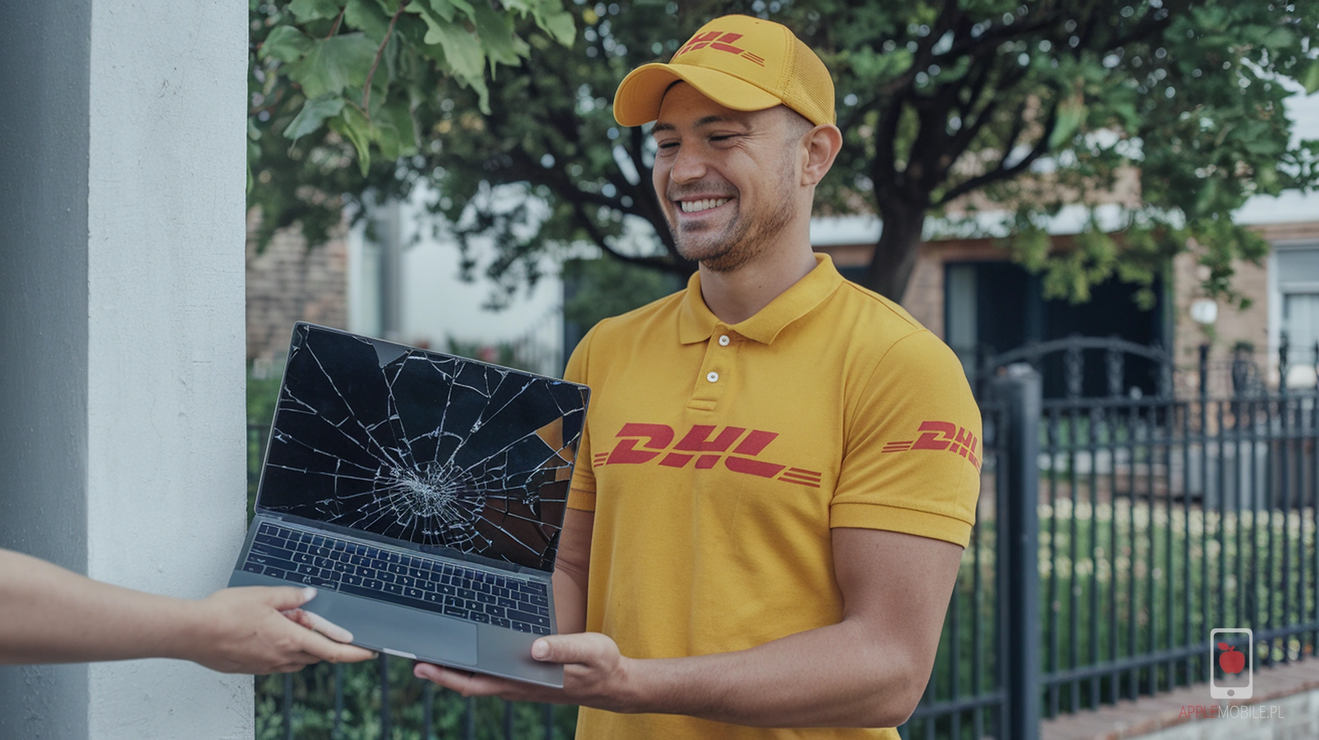 Kurier DHL obierający od klienta paczkę z uszkodzonym komputerem wysyłanym do serwisu