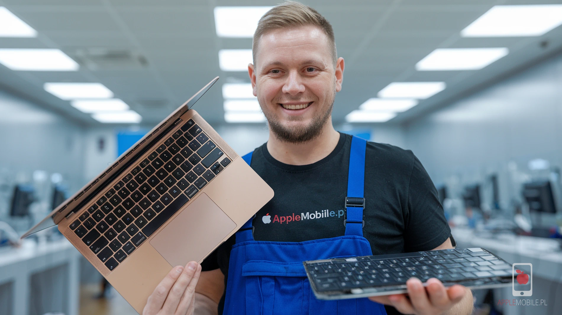 technik serwisu applemobile trzyma komputer macbook ze spuchniętą baterią oraz nową klawiaturę w drugiej ręcę gdyż musi ją wymienić