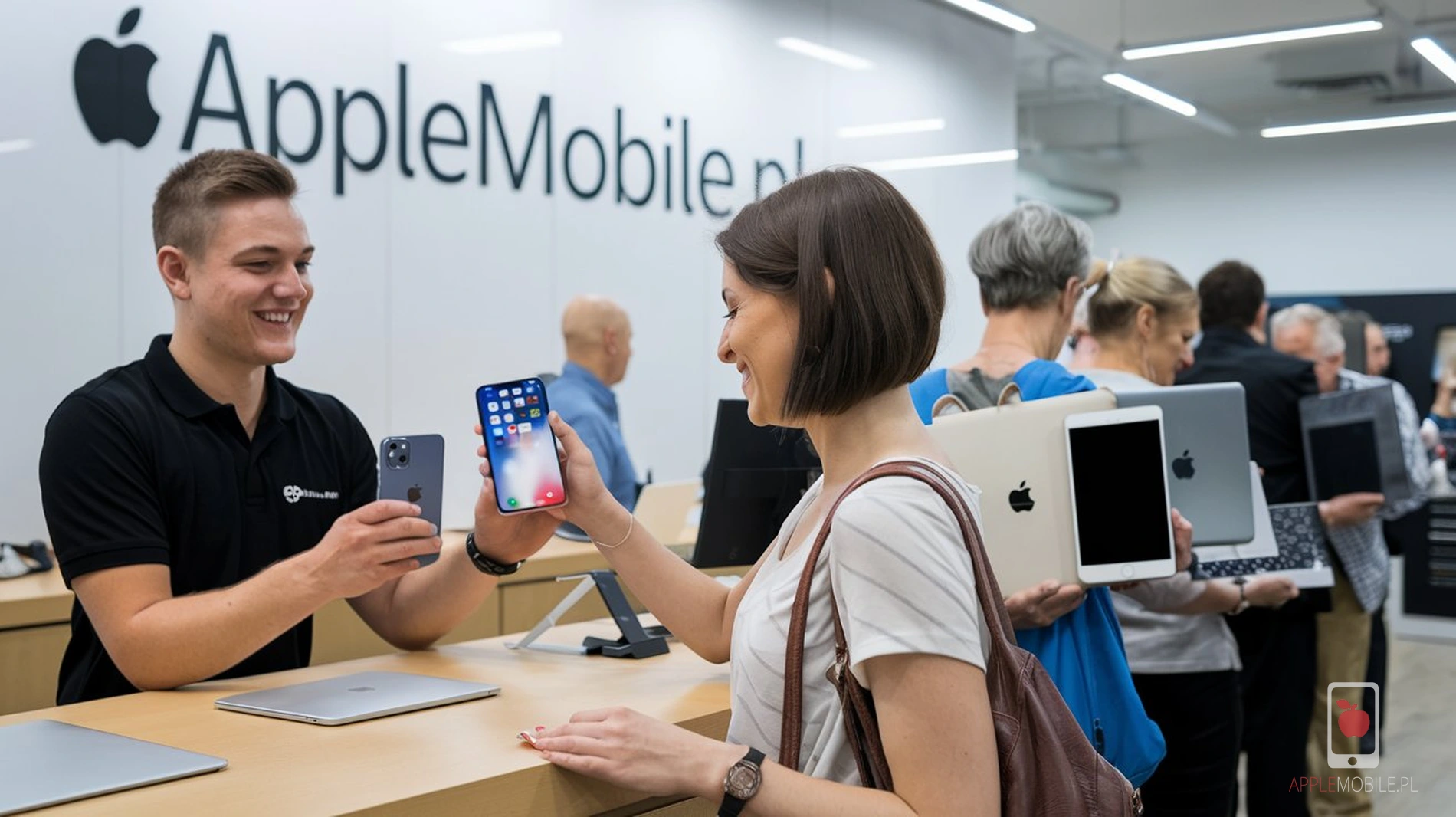 w siedzibie serwisu applemobile klienci czekają w kolejce na oddanie sprzętu Apple do naprawy