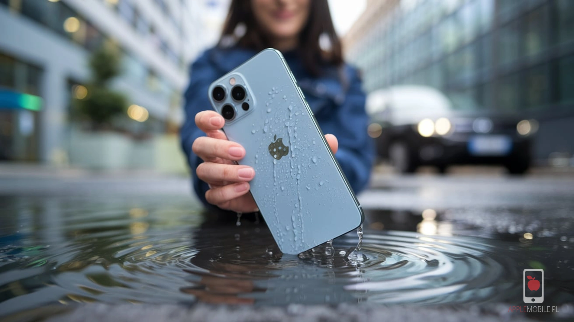 iPhone 15 Pro Max wpadł do kałuży i kobieta wyłowiła go mokrego