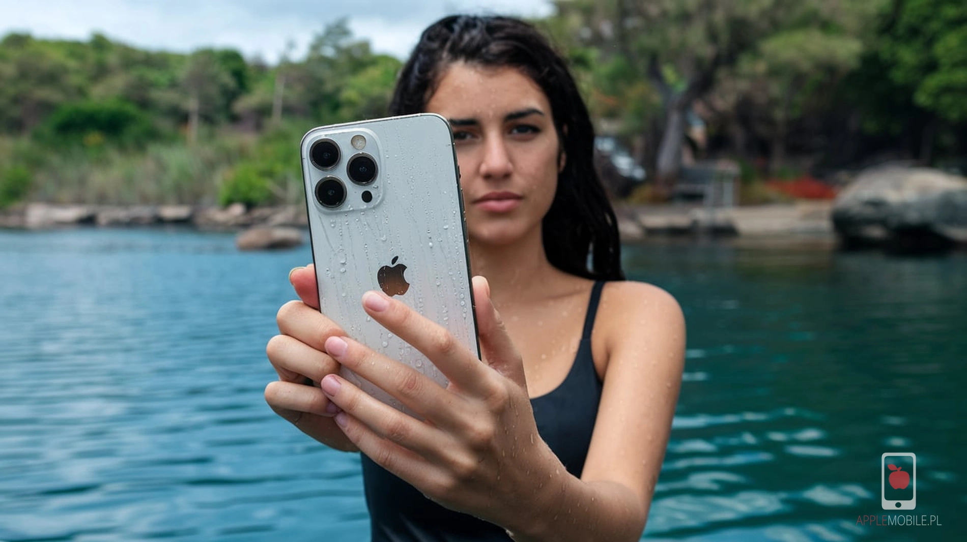 mokry iPhone 15 Pro Max w rękach kobiety będącej na wakacjach