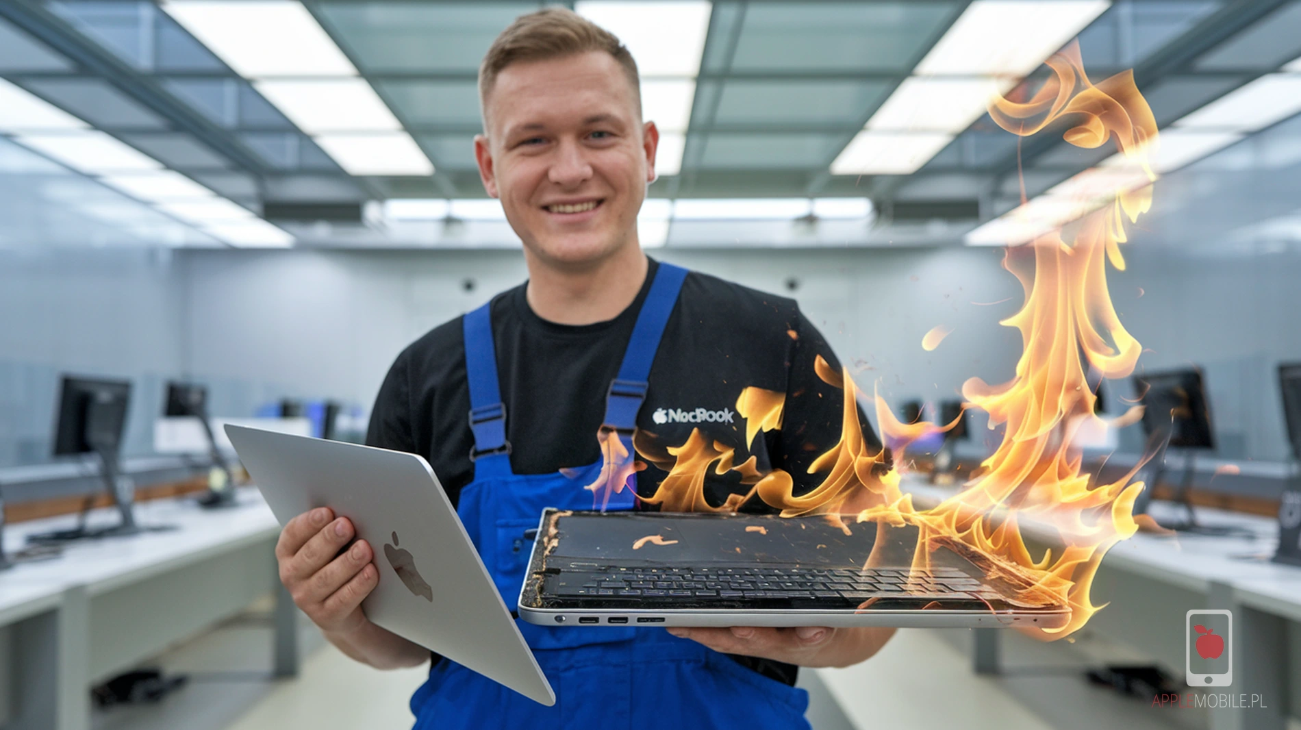 spuchnięta bateria w macbooku płonie ogniem