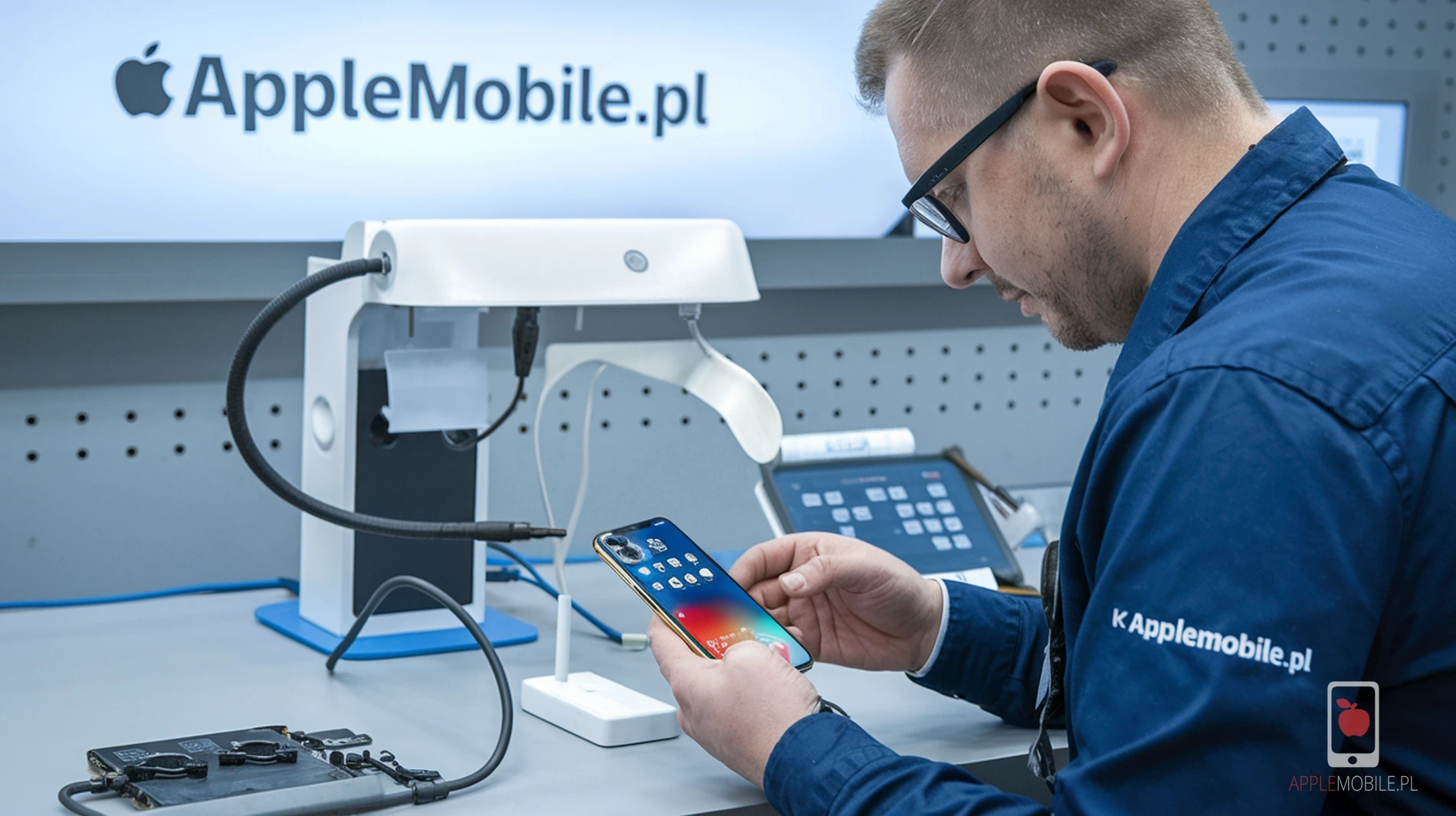 pracownik serwisu applemobile, mężczyzna naprawia iPhone 16 ze zbitą tylną szybką profesjonalnie,