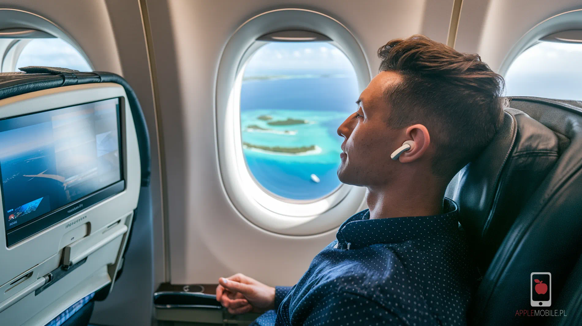 oglądanie filmu w samolocie z dźwiękiem przesyłanym po bluetooth do słuchawek airpods