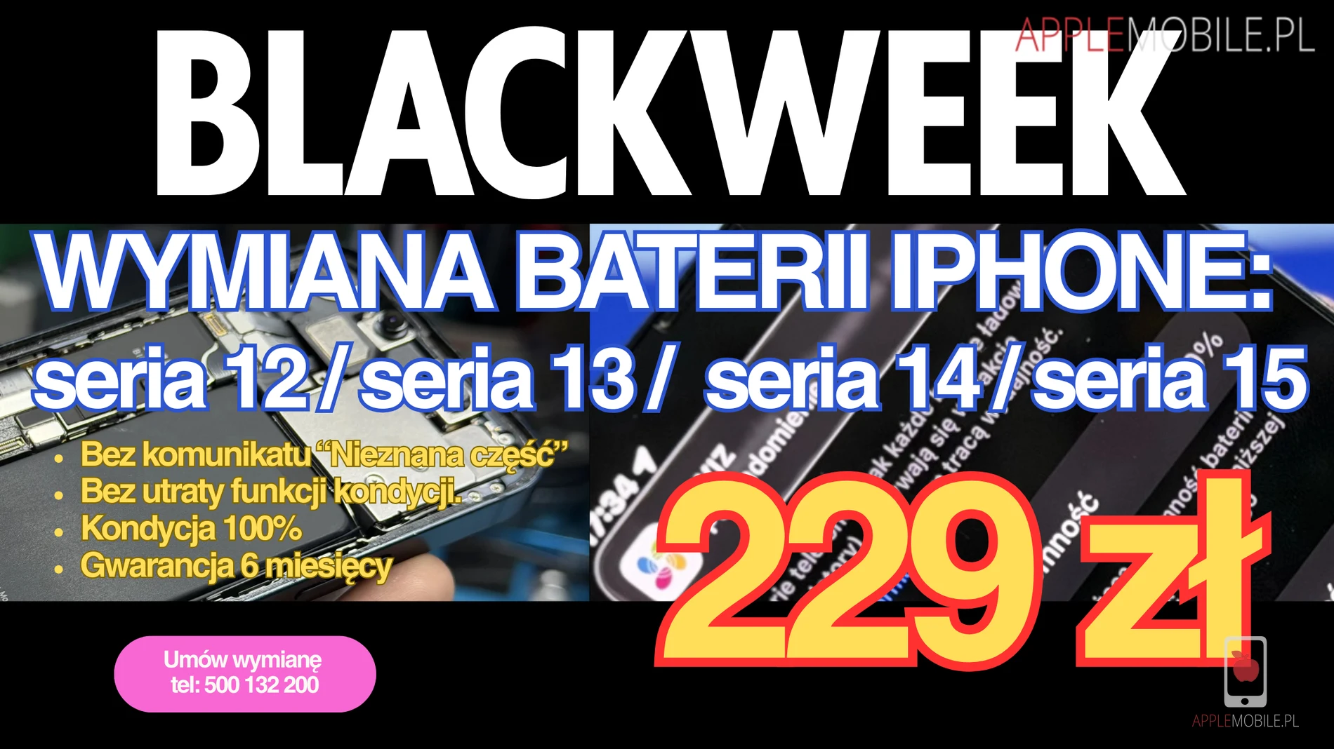Blackweek: Wymiana baterii iPhone za 229zł każdy model od 12 do 15 Pro Max