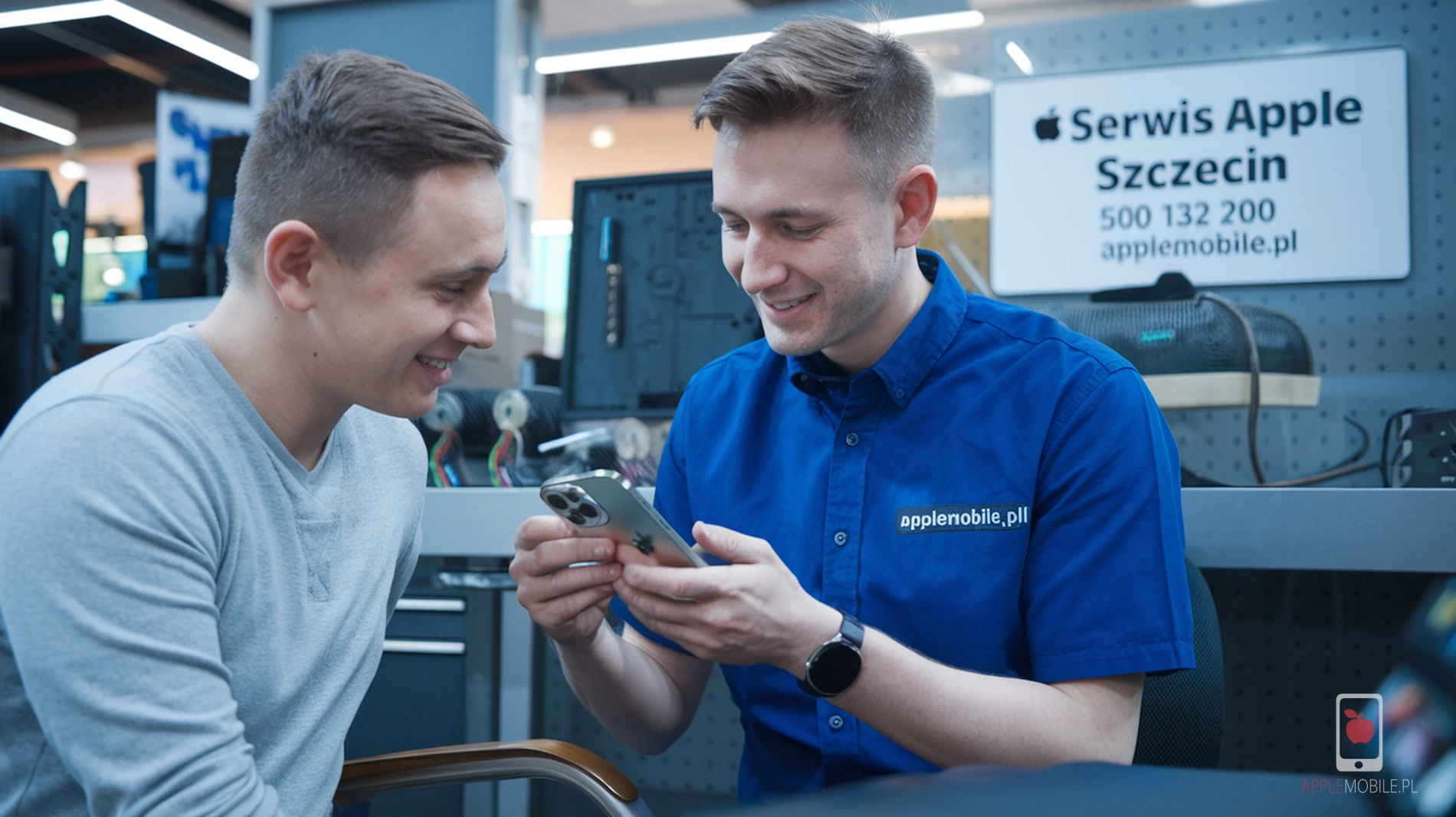 pracownik serwisu apple w szczecinie podczas obsługi klienta z telefonem
