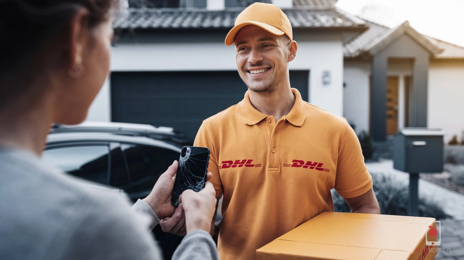 Kurier odbierający iPhone ze zbitą tylną szybką - naprawa door-to-door w całej Polsce