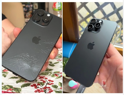 Zdjęcie przed i po naprawie tyłu iPhone 16 Pro Max przesłane przez klienta