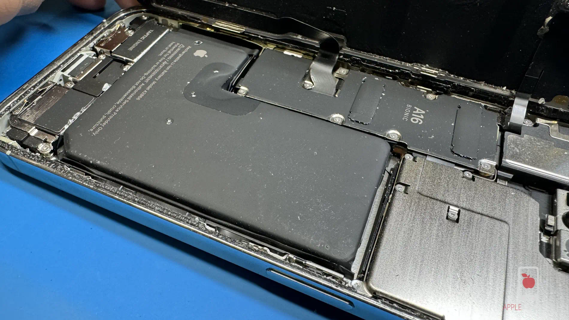 zniszczone wnętrze iPhone ze zbitą szybką z powowdu zwlekania z jej naprawą w serwisie prowadzi do poważnych usterek