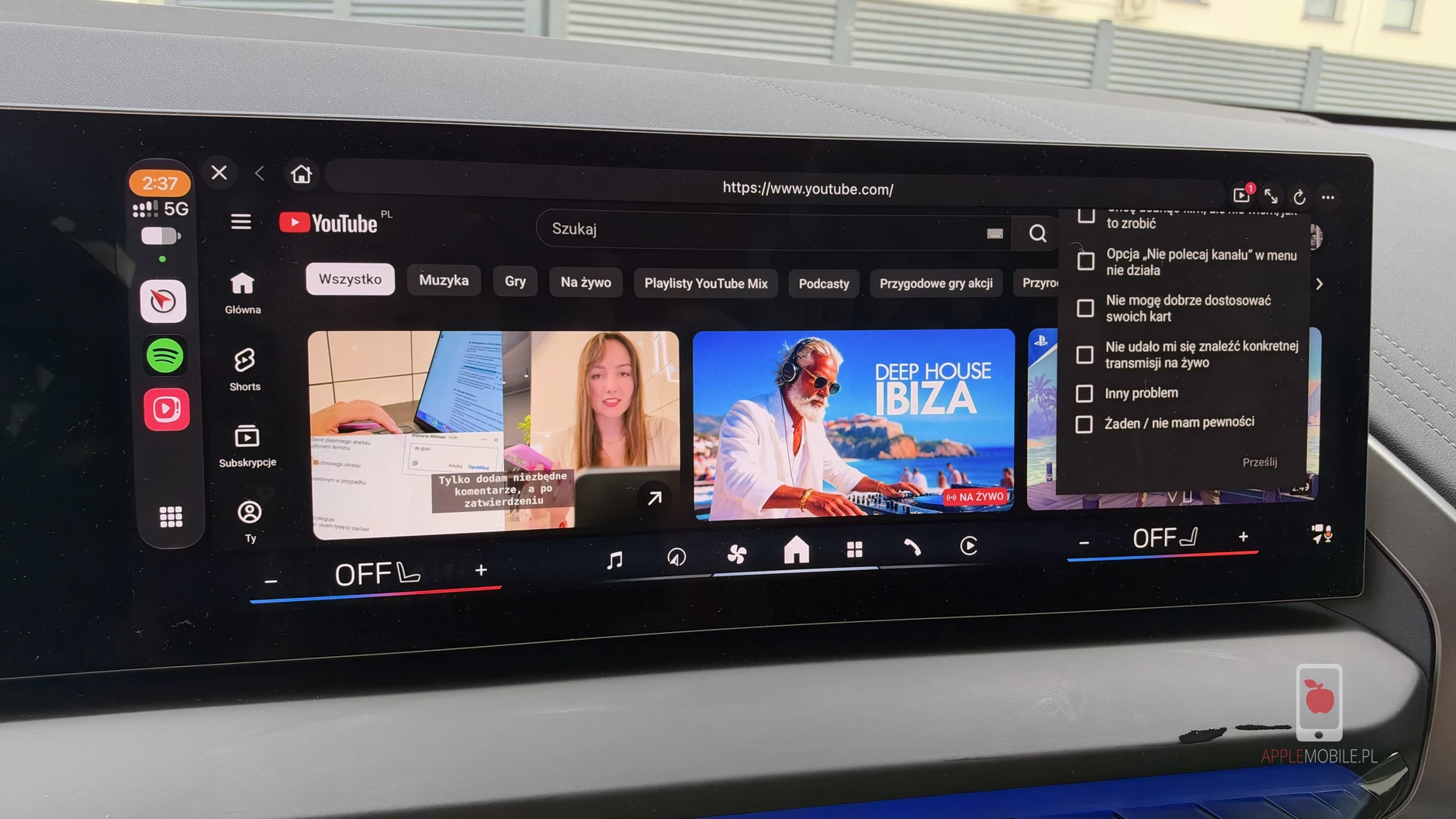 Odblokowany YouTube na ekranie CarPlay w moim samochodzie BMW